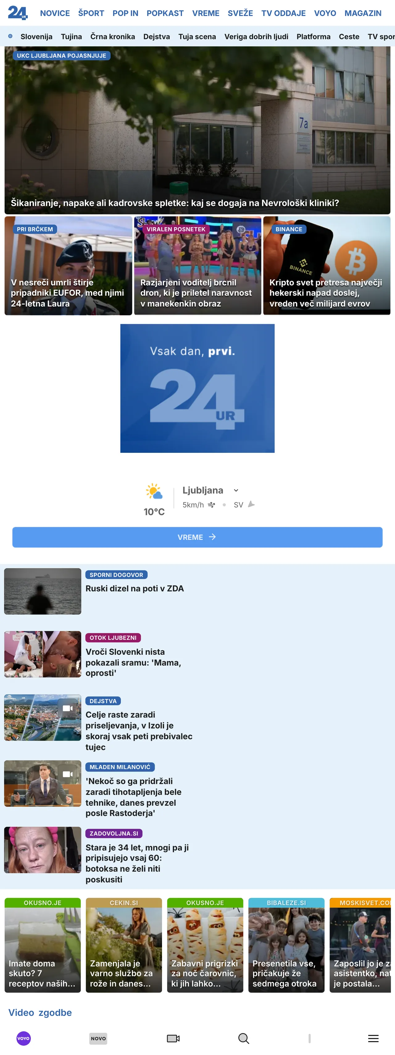 Screenshot of the 24ur front page