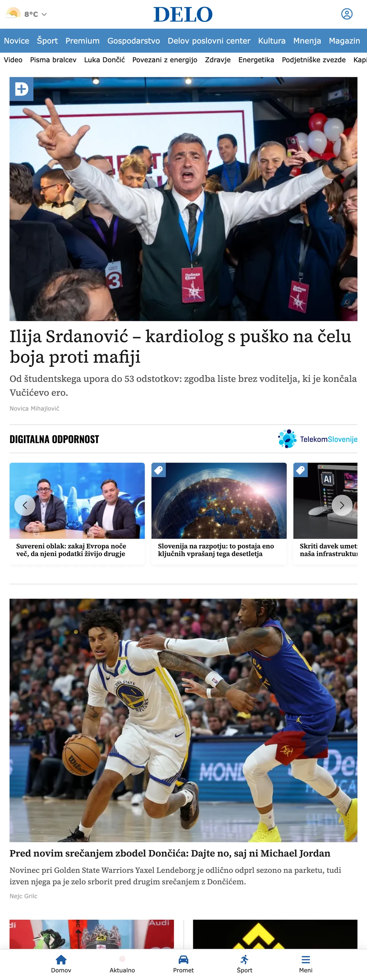Screenshot of the Delo front page