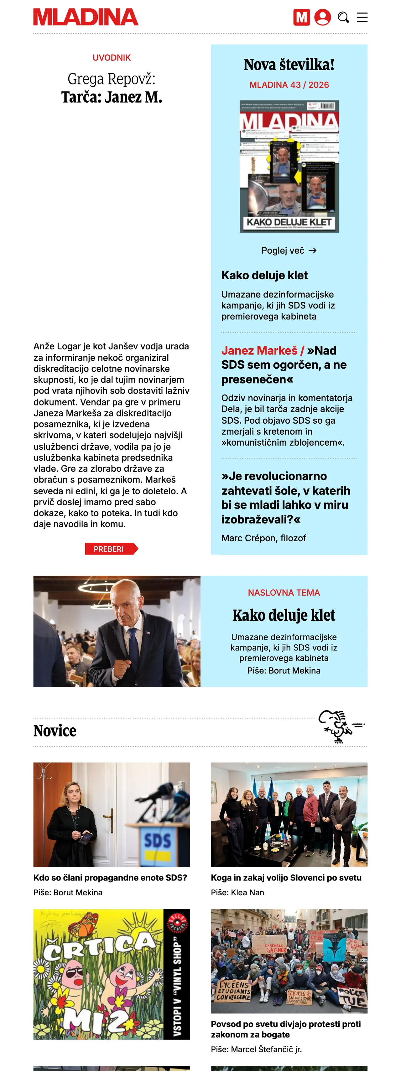 Screenshot of the Mladina front page