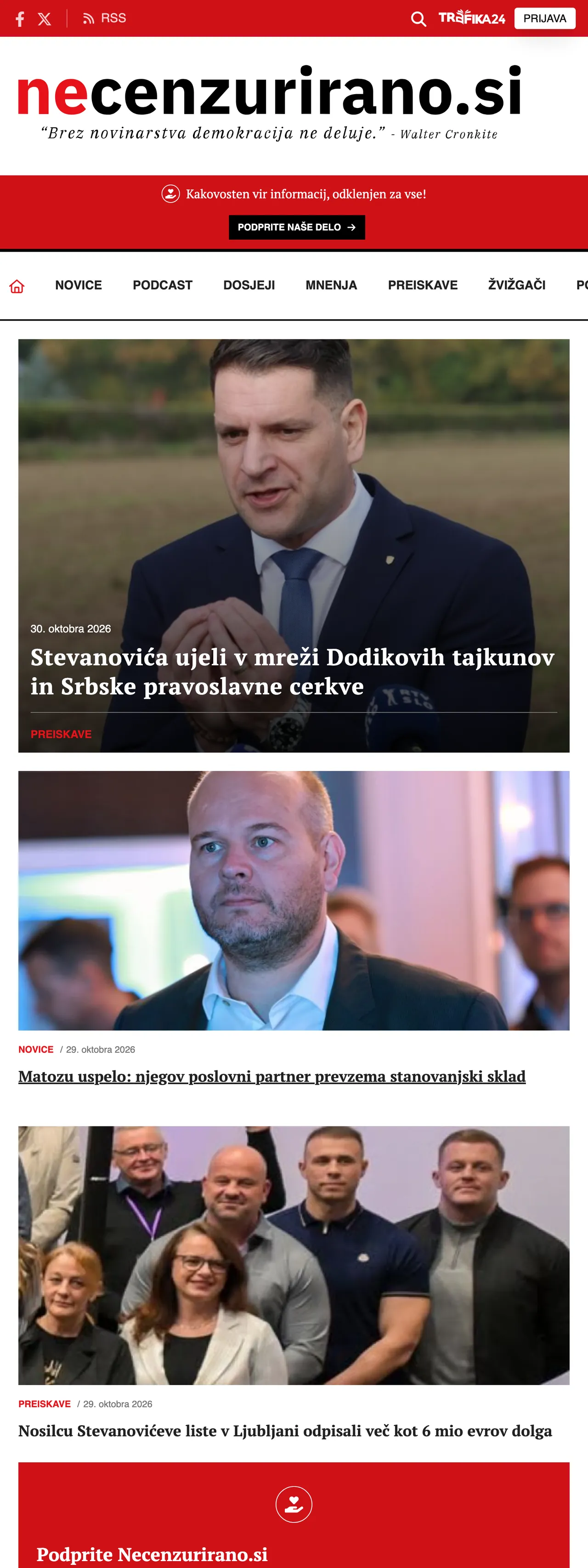 Screenshot of the Necenzurirano front page