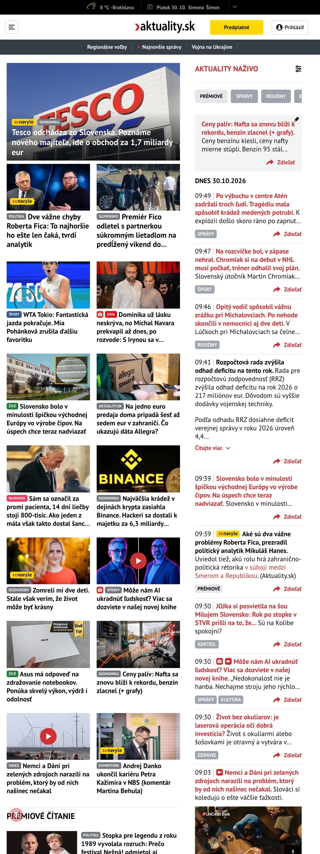 Screenshot of the Aktuality.sk front page