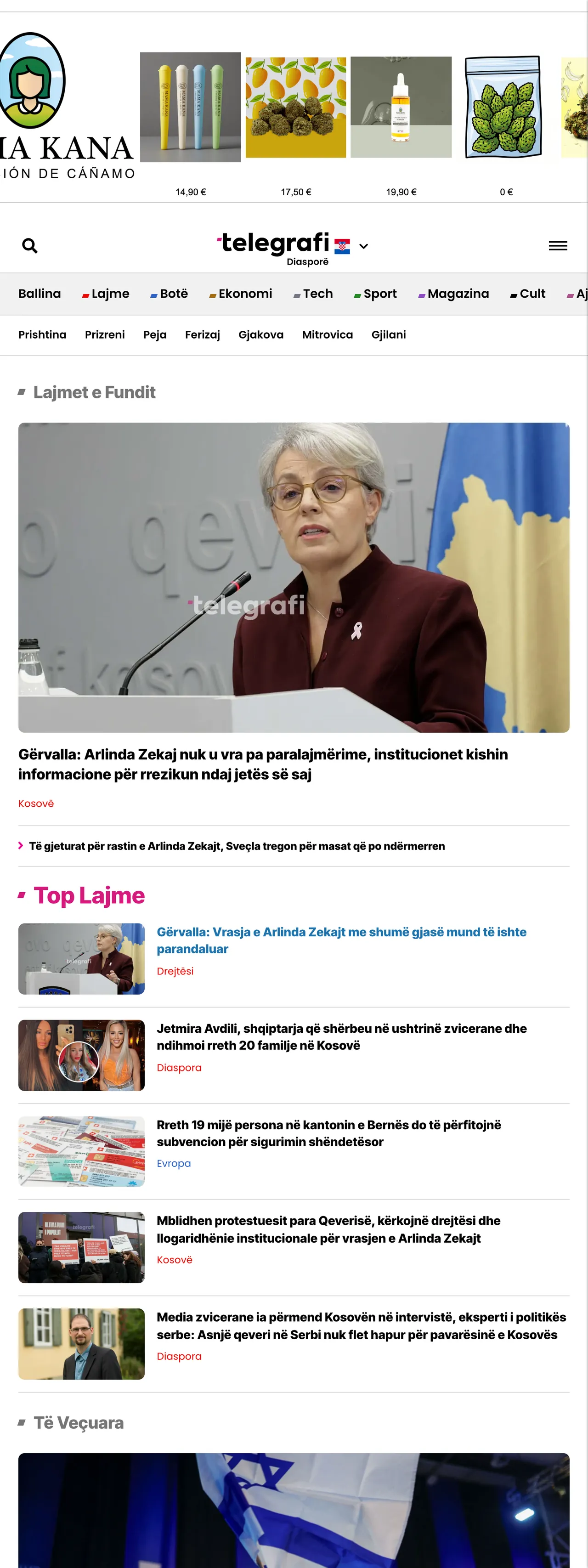 Screenshot of the Telegrafi front page