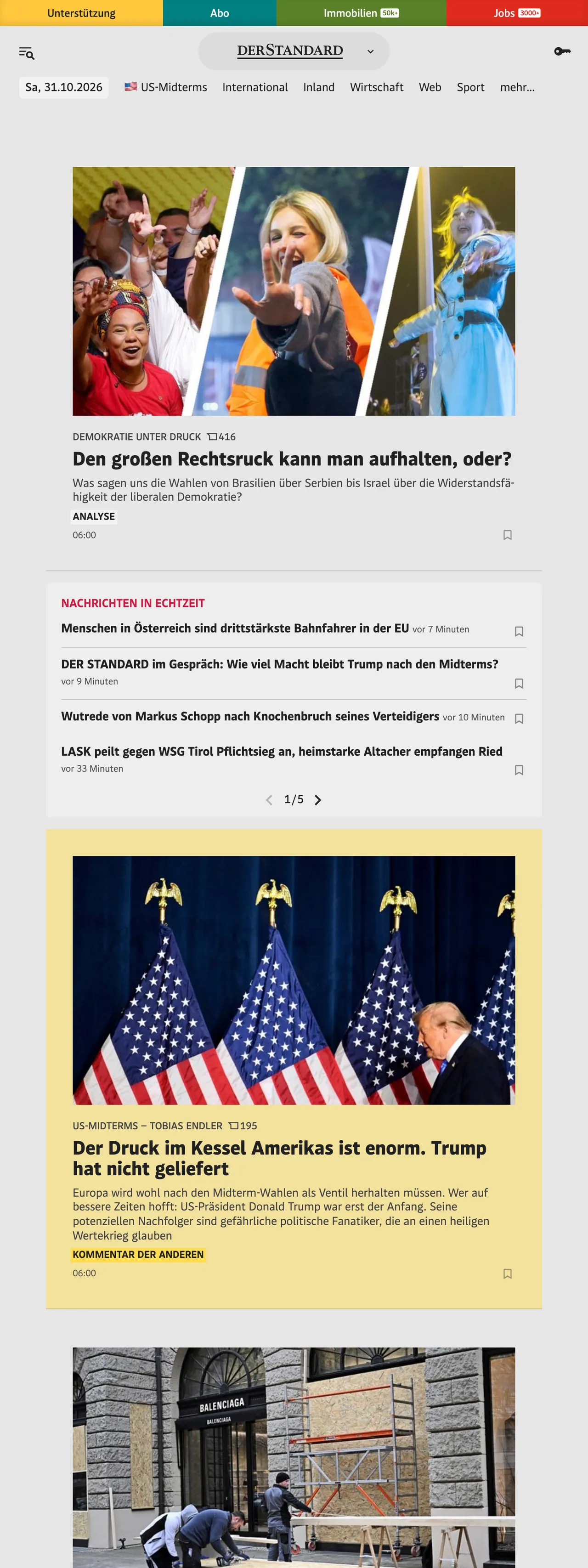 Screenshot of the DER STANDARD front page