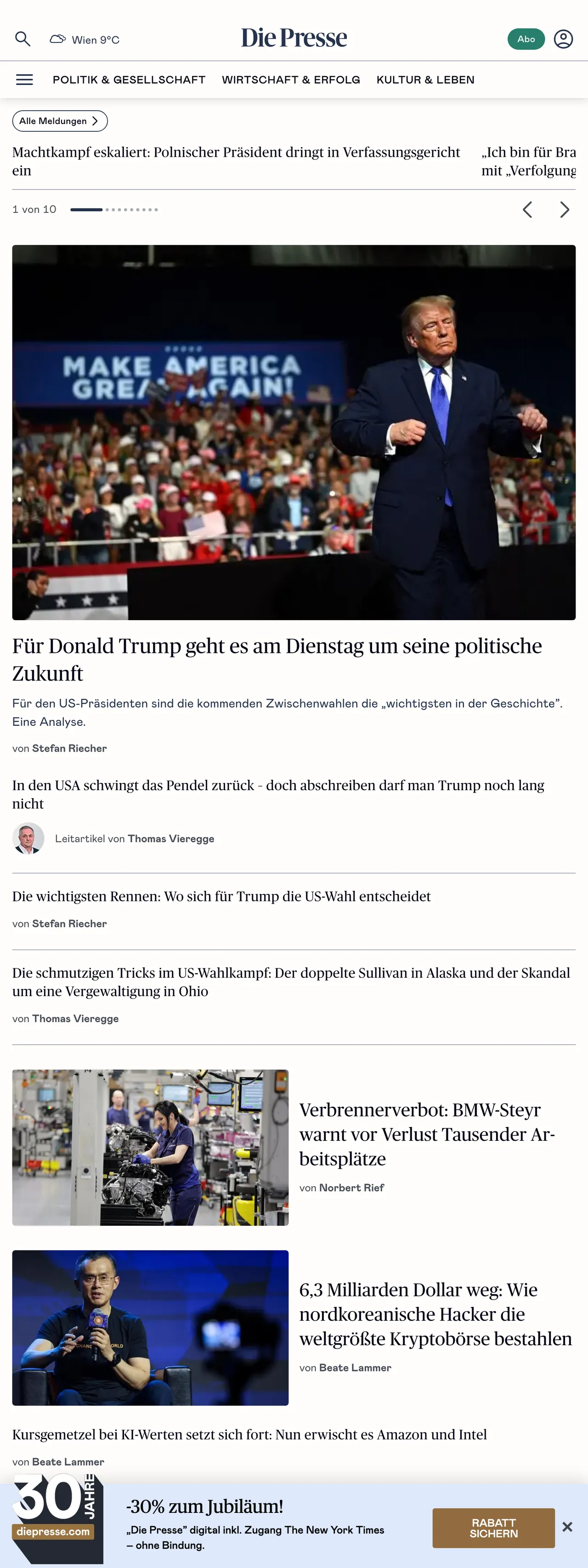 Screenshot of the Die Presse front page