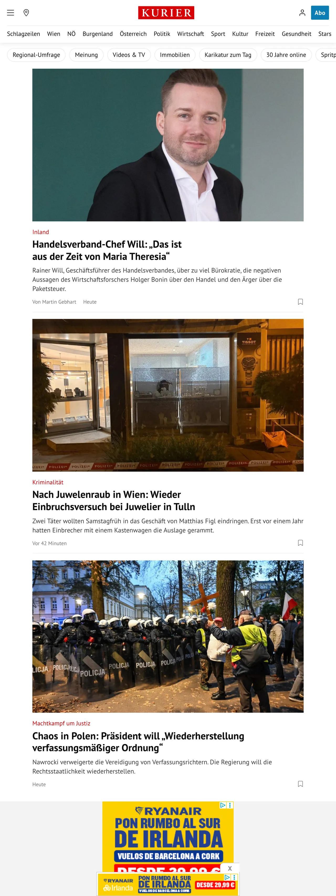Screenshot of the Kurier front page