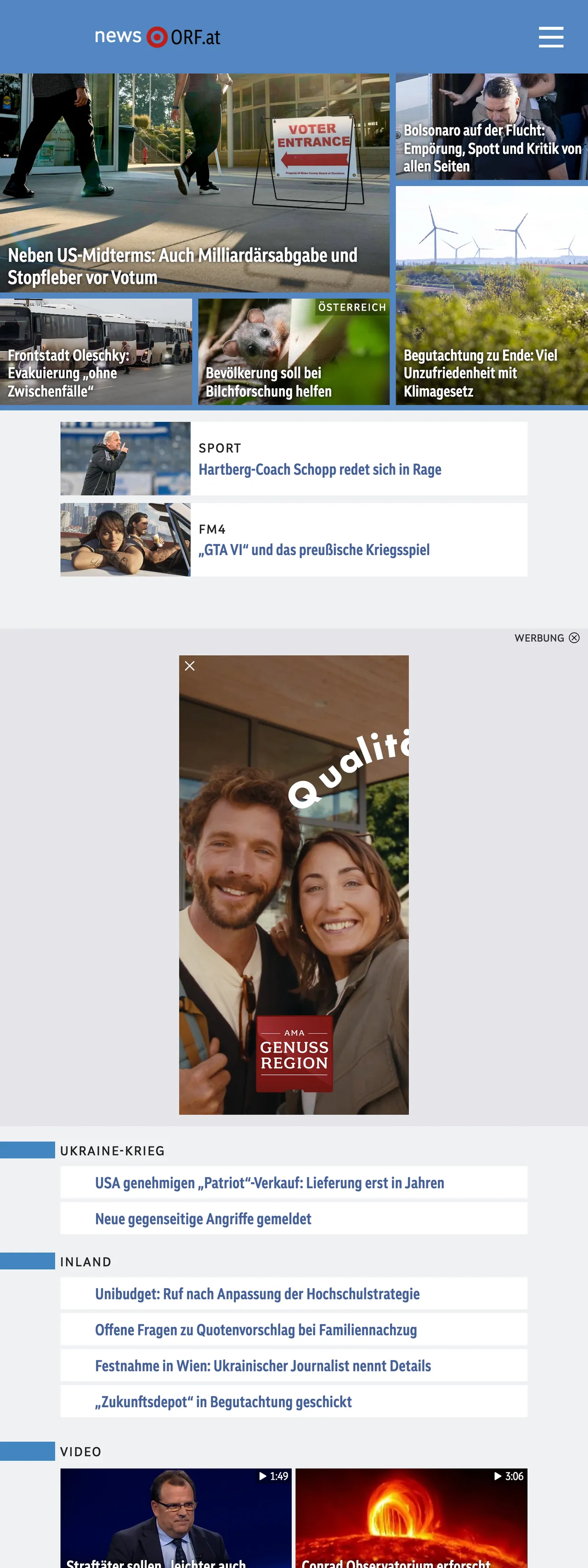 Screenshot of the ORF front page