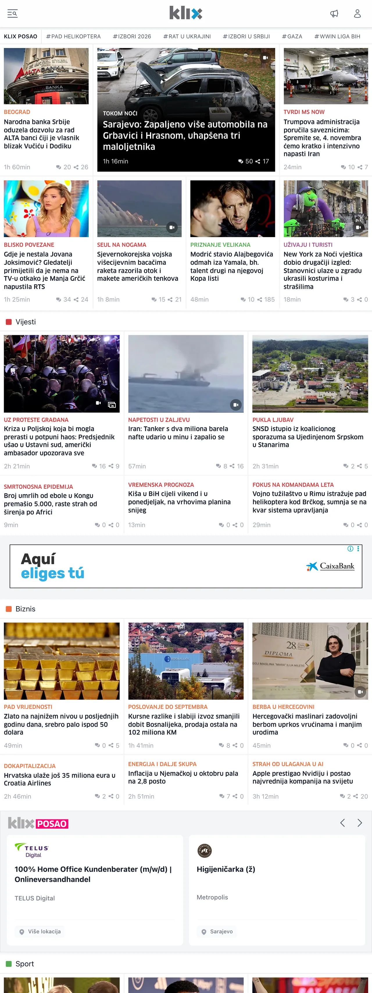 Screenshot of the Klix.ba front page