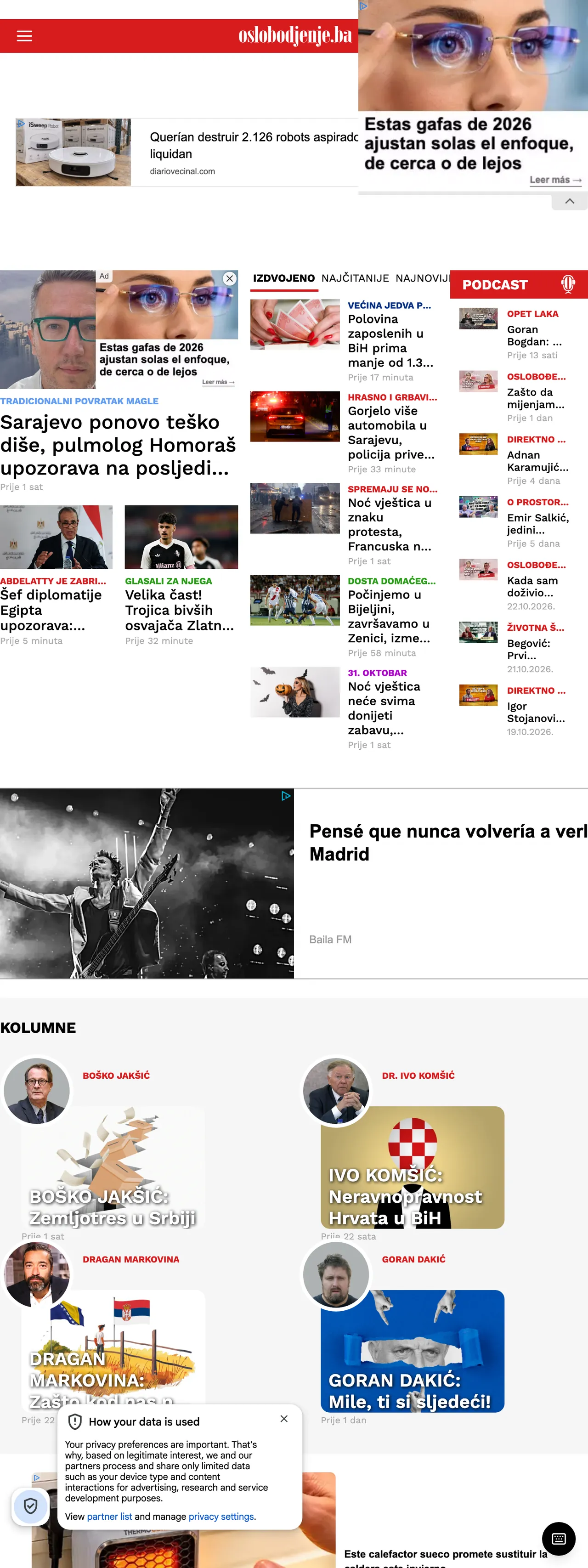 Screenshot of the Oslobođenje front page