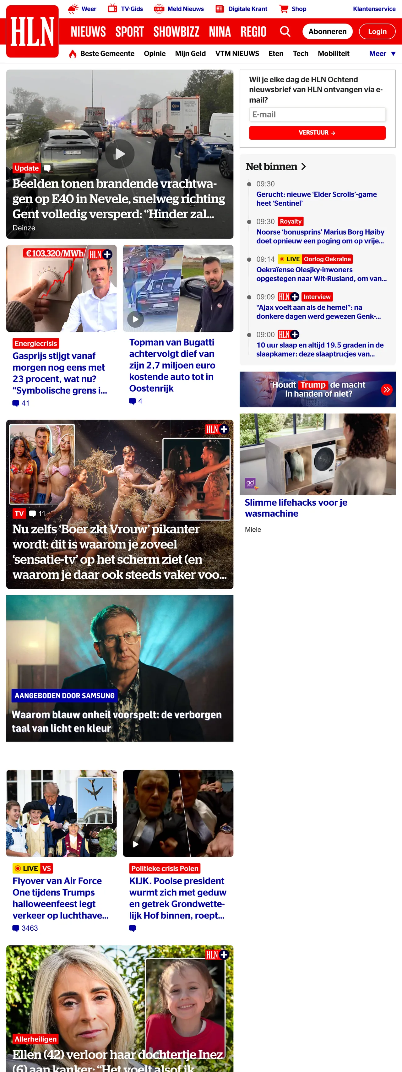Screenshot of the HLN front page