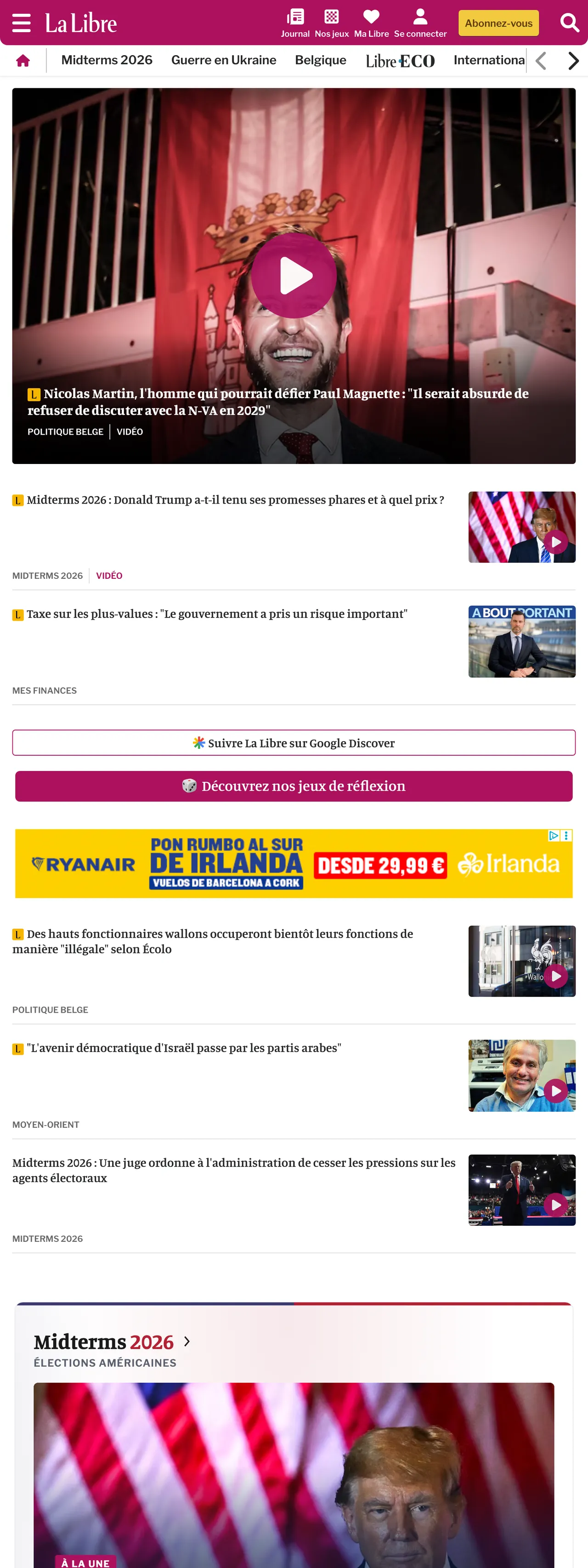 Screenshot of the La Libre front page