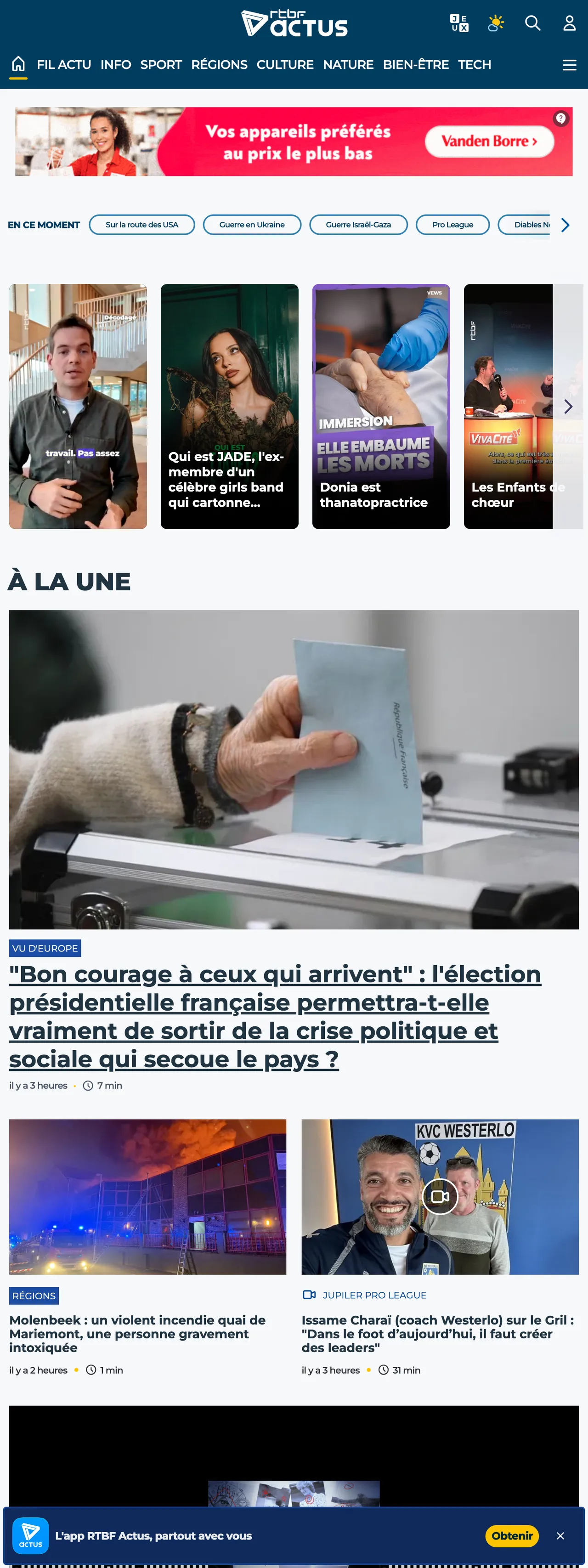 Screenshot of the RTBF front page