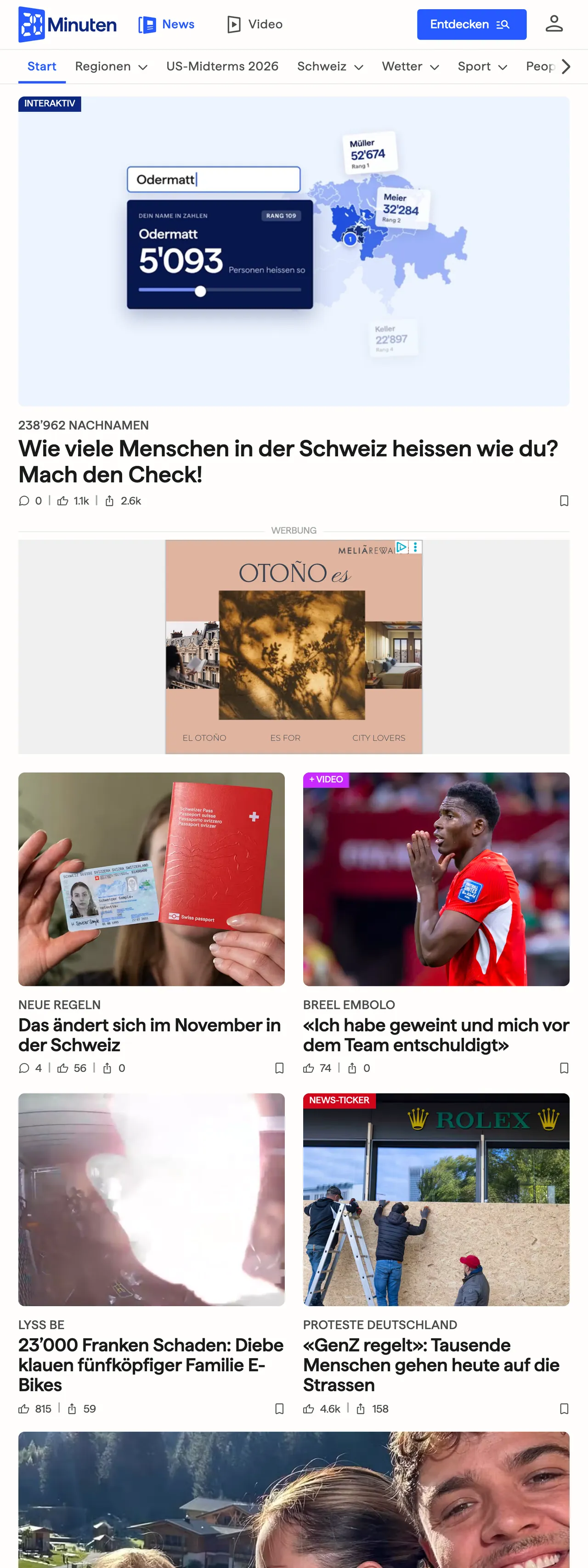 Screenshot of the 20 Minuten front page