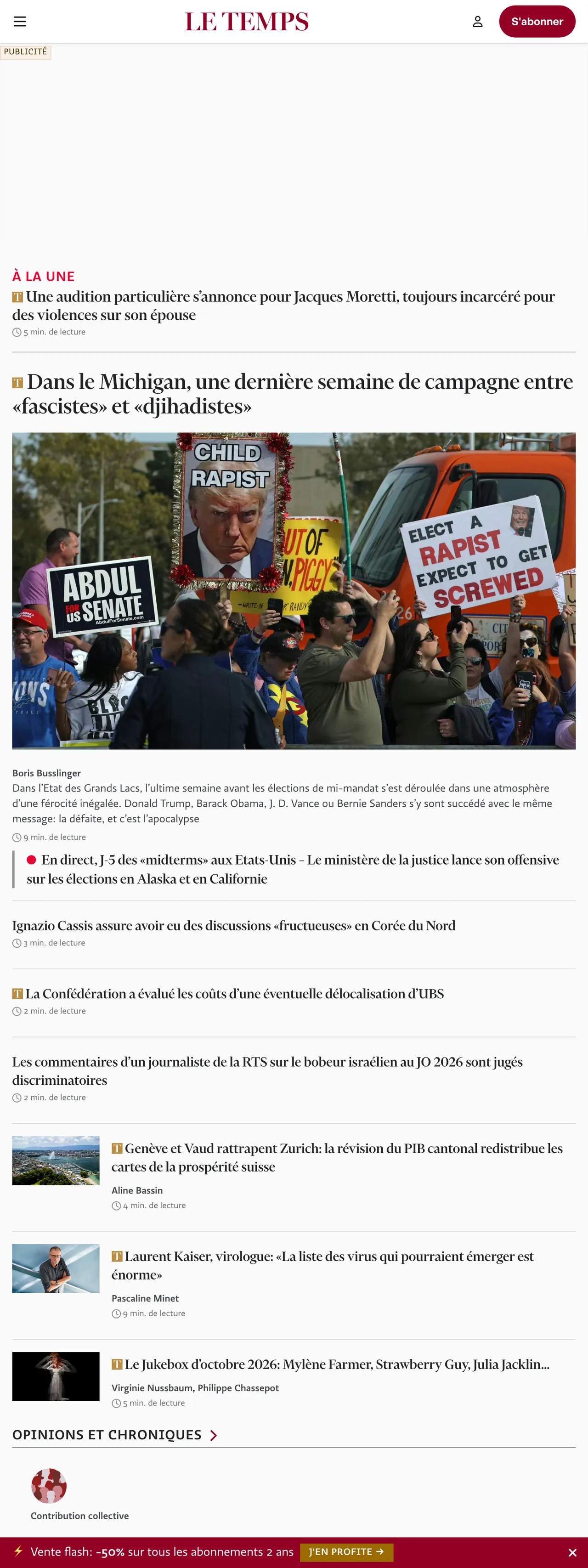Screenshot of the Le Temps front page