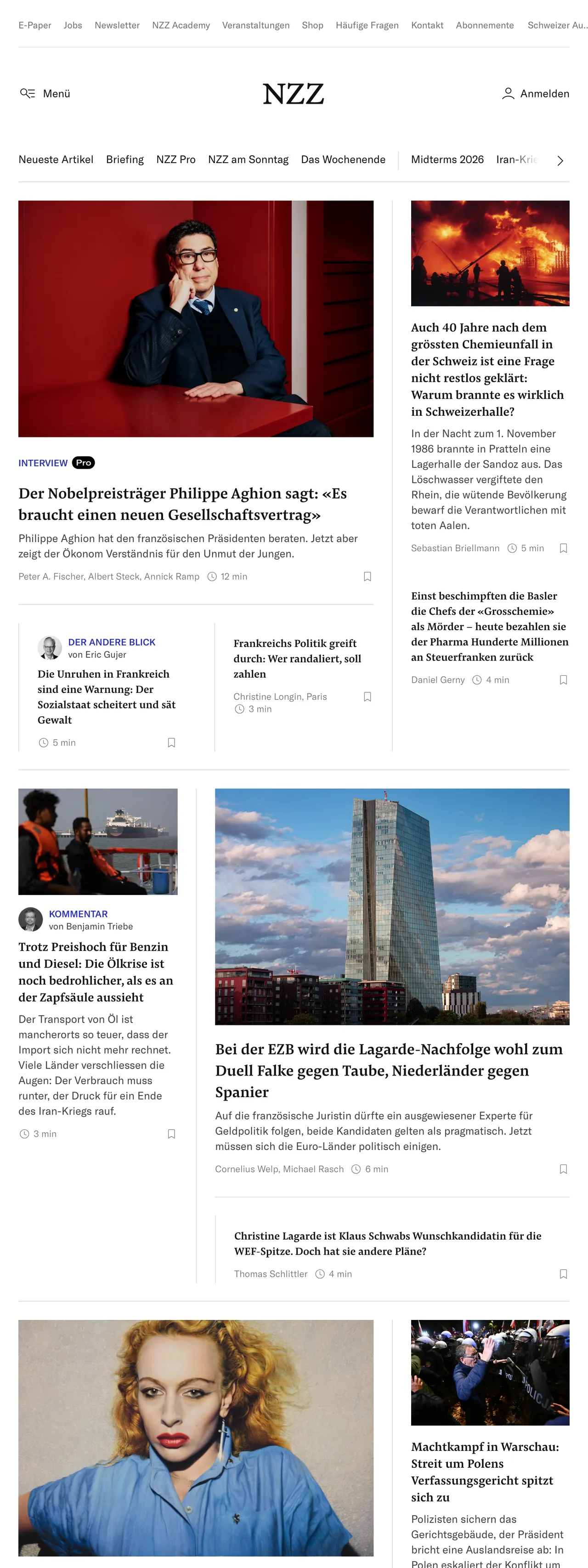 Screenshot of the Neue Zürcher Zeitung front page
