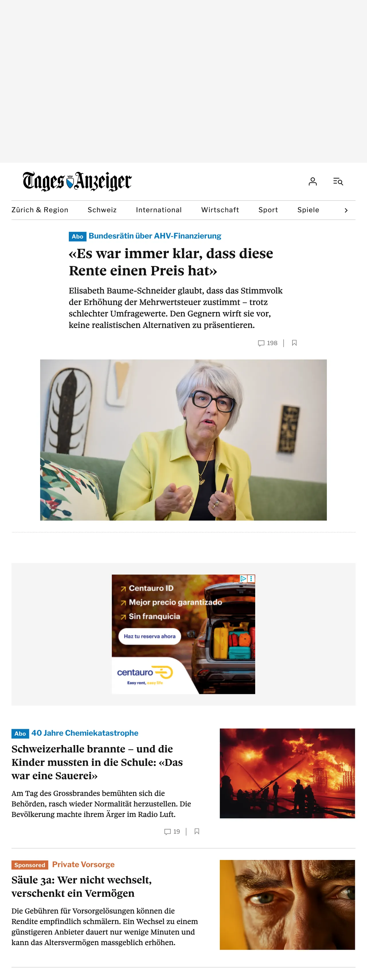 Screenshot of the Tages-Anzeiger front page