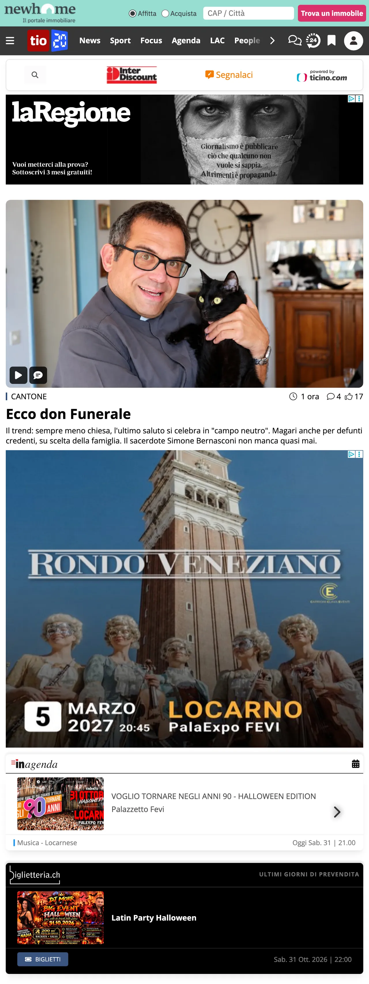 Screenshot of the Ticinonline front page