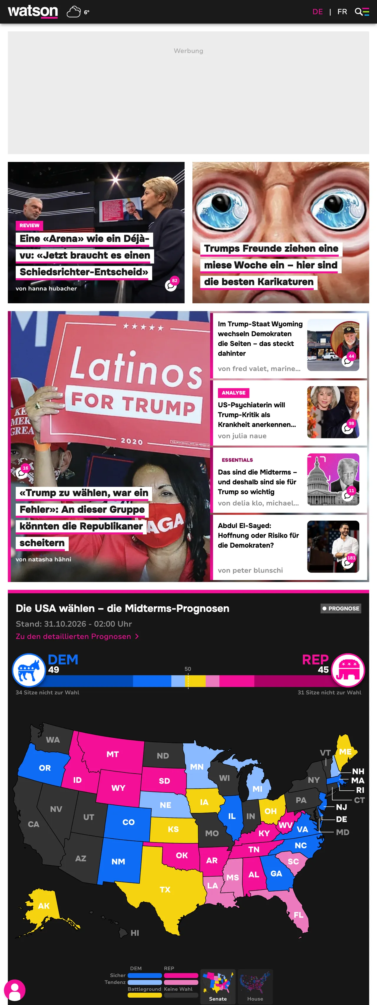 Screenshot of the watson front page