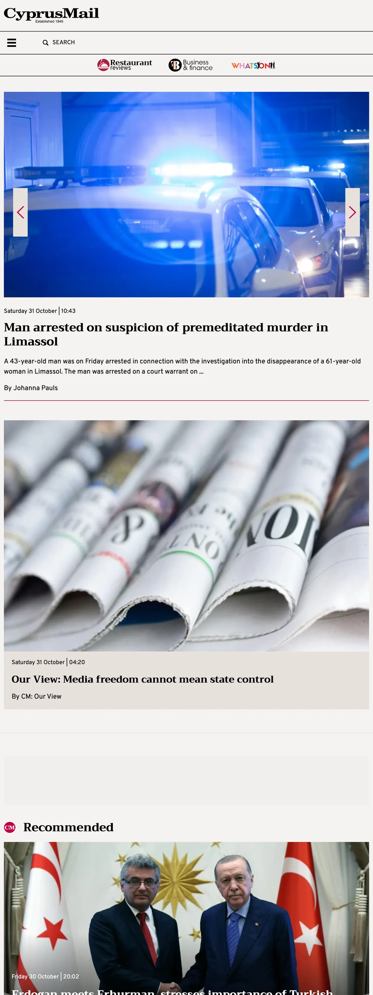 Screenshot of the Cyprus Mail front page