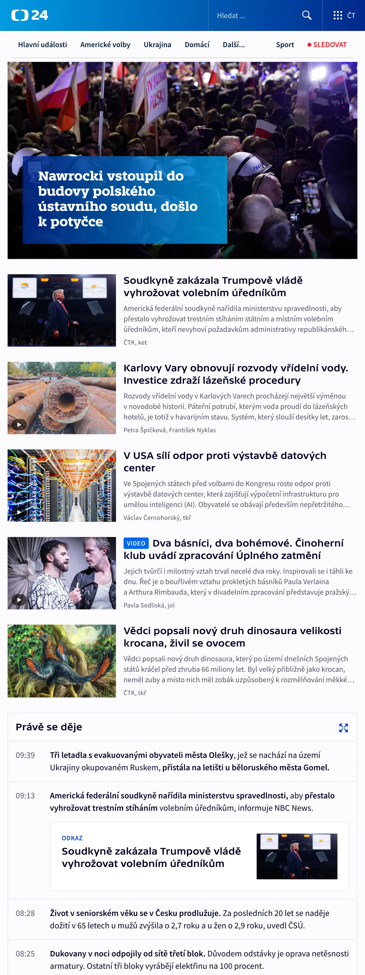 Screenshot of the ČT24 front page