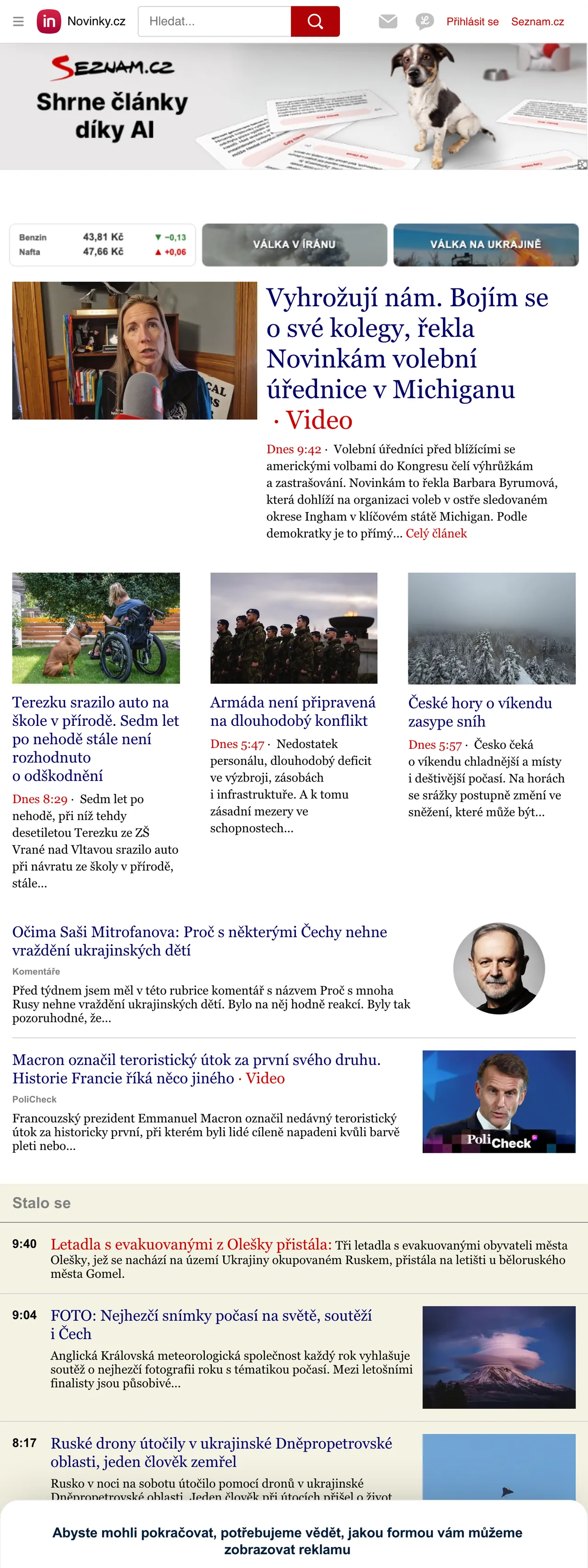 Screenshot of the Novinky.cz front page