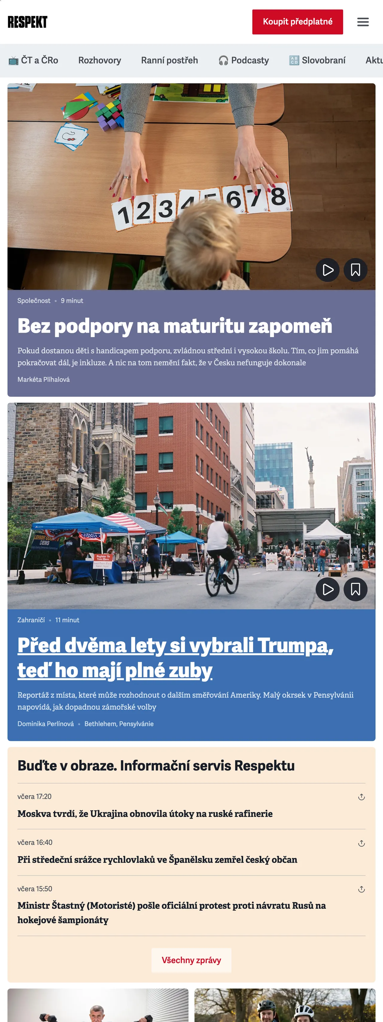 Screenshot of the Respekt front page