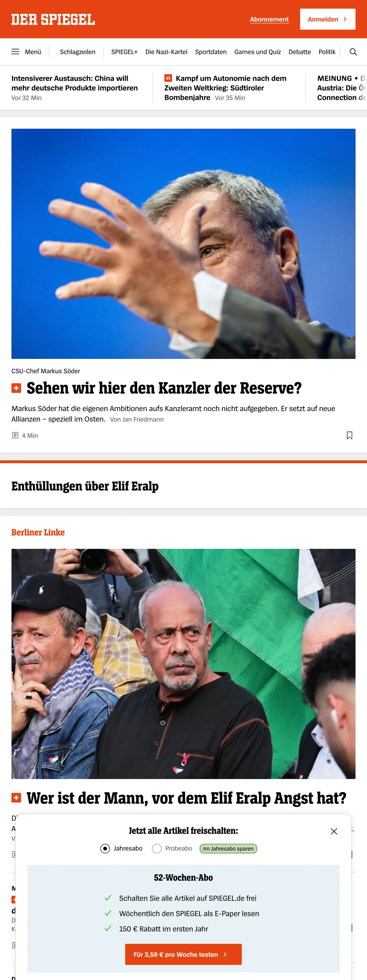 Screenshot of the DER SPIEGEL front page