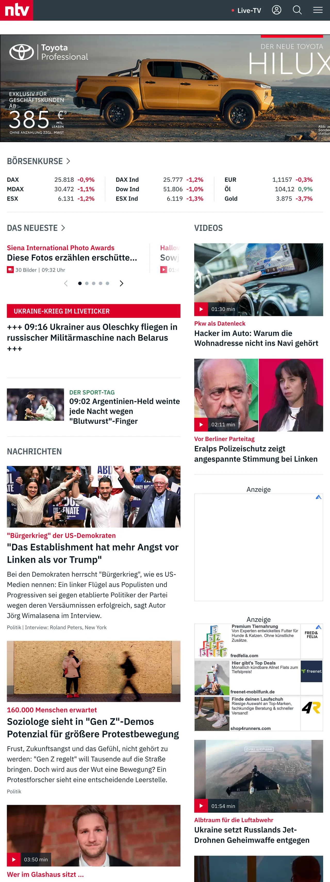 Screenshot of the n-tv front page
