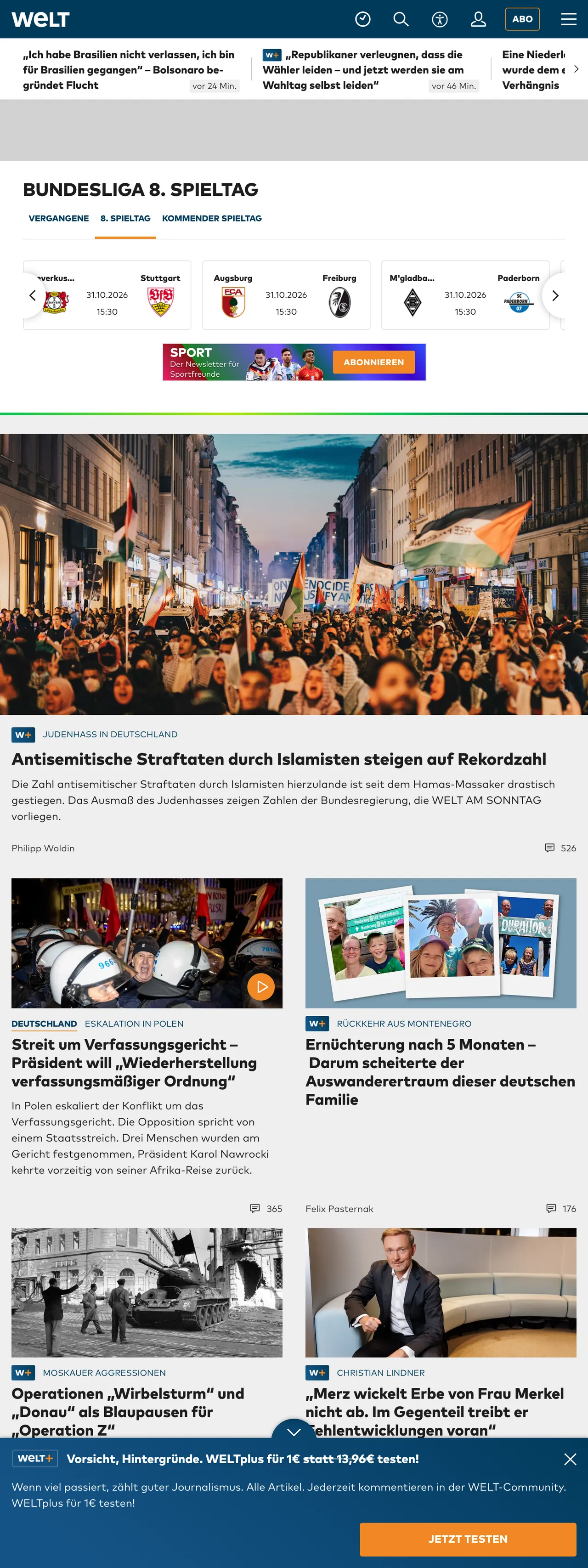 Screenshot of the WELT front page
