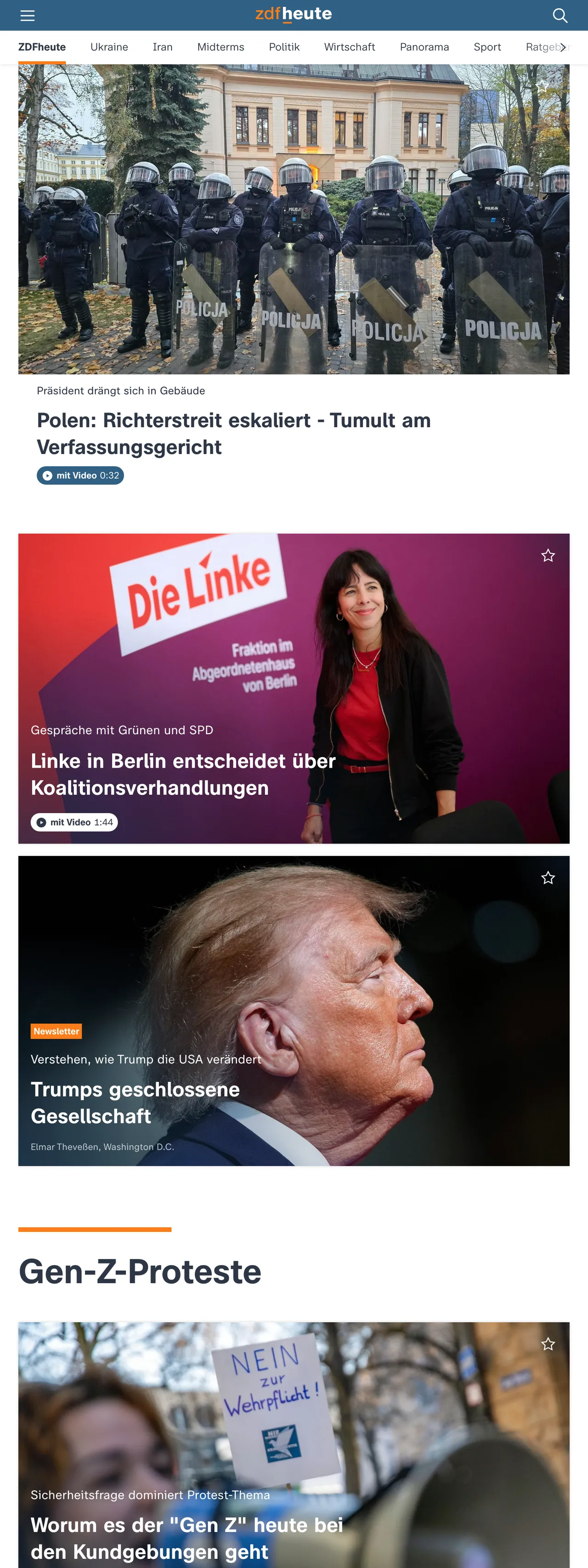 Screenshot of the ZDFheute front page