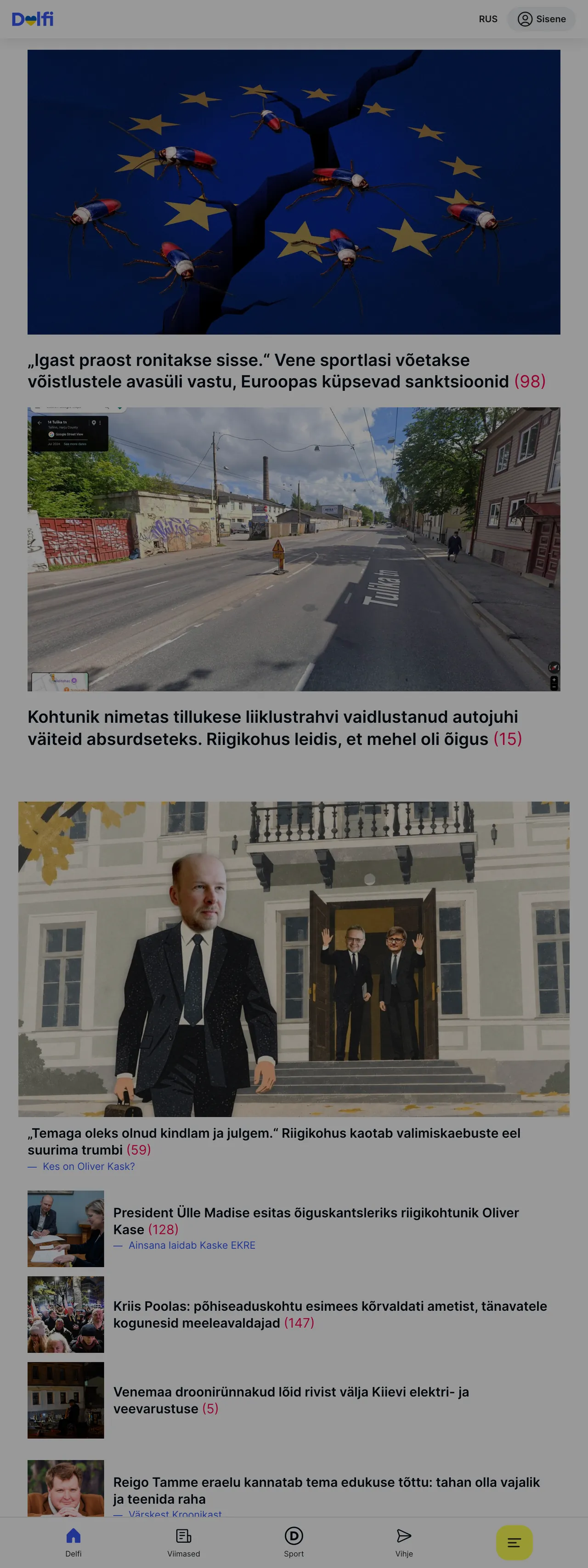 Screenshot of the Delfi front page