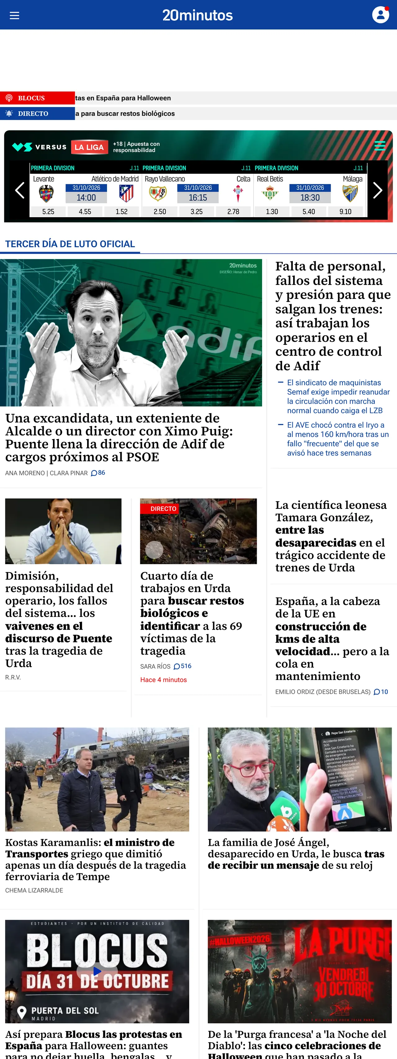 Screenshot of the 20minutos front page
