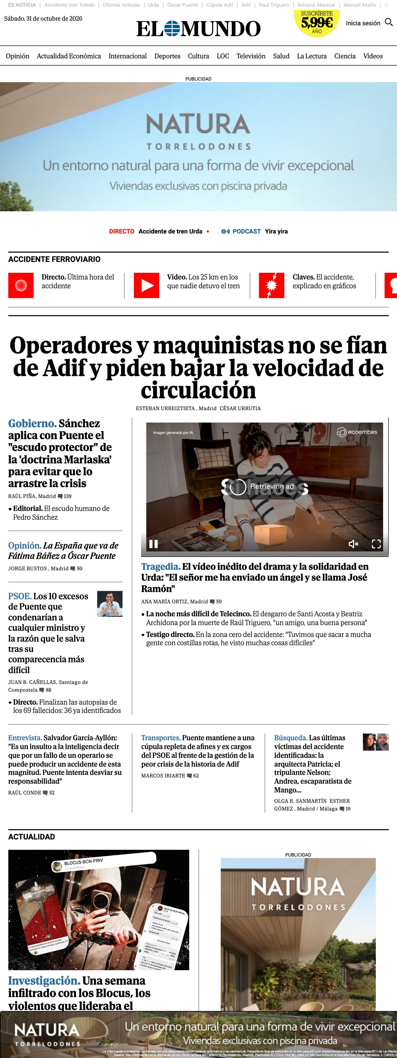 Screenshot of the El Mundo front page
