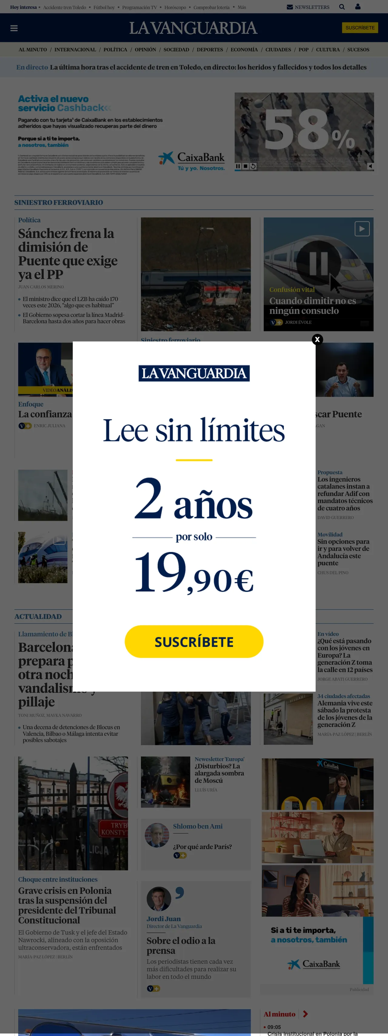 Screenshot of the La Vanguardia front page
