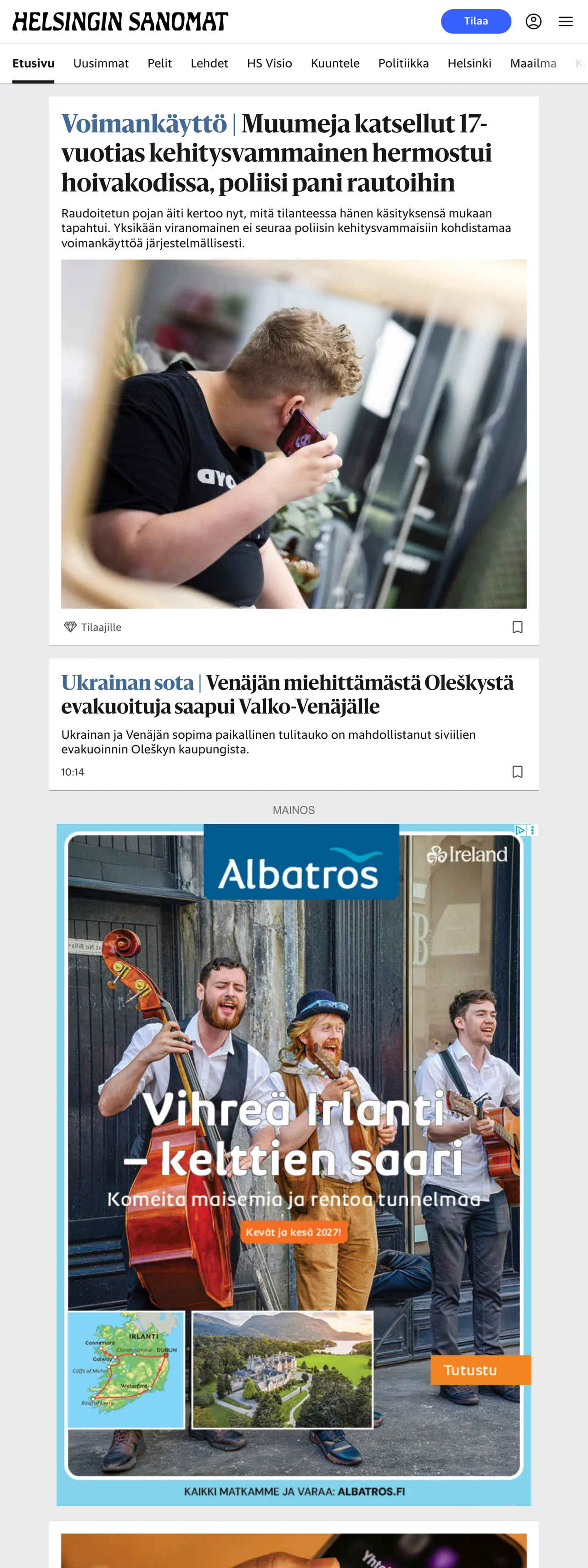 Screenshot of the Helsingin Sanomat front page