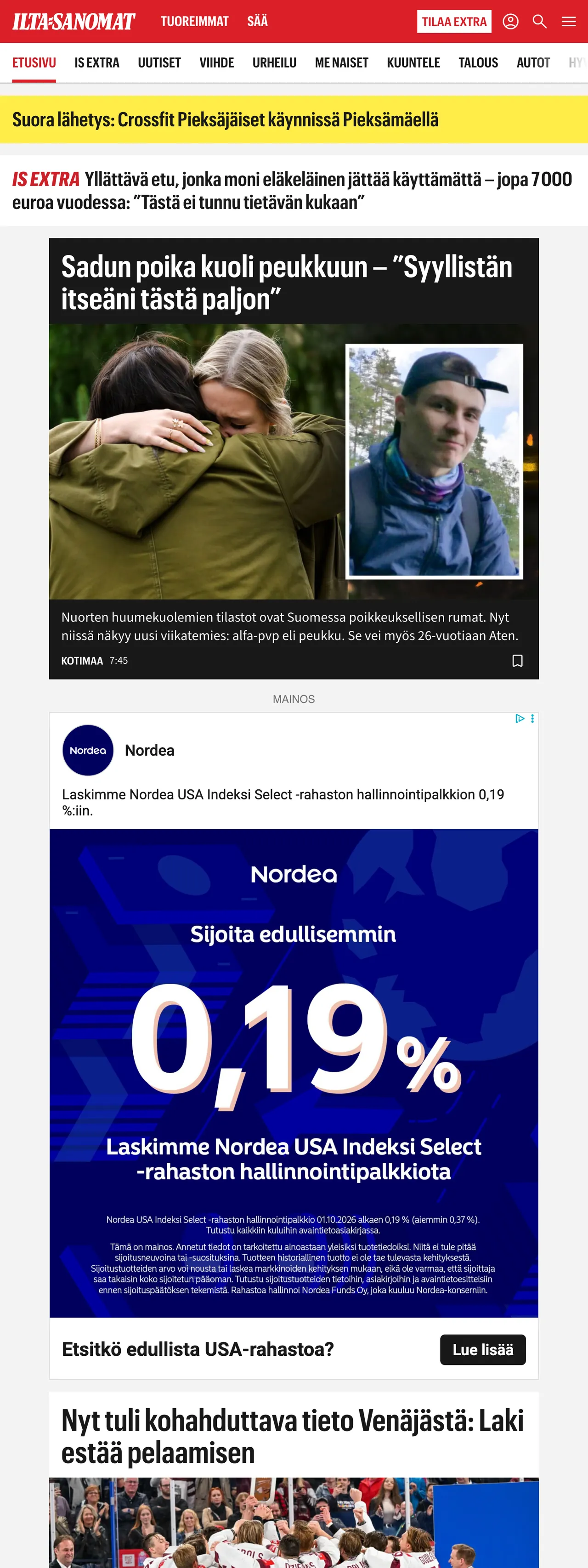Screenshot of the Ilta-Sanomat front page