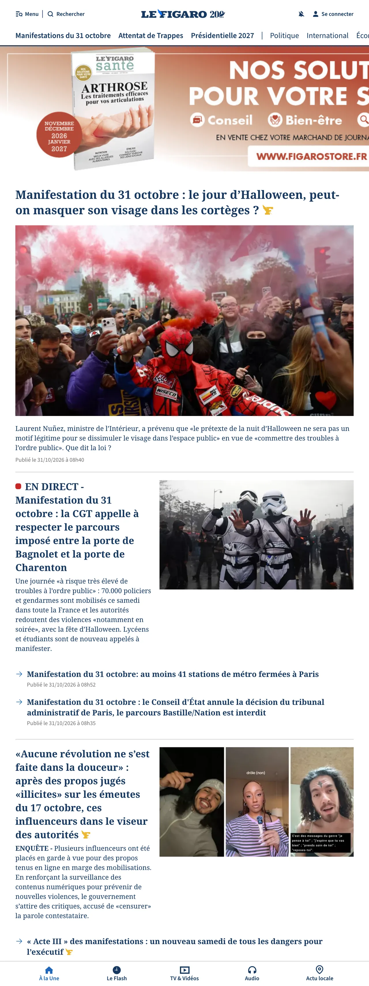Screenshot of the Le Figaro front page