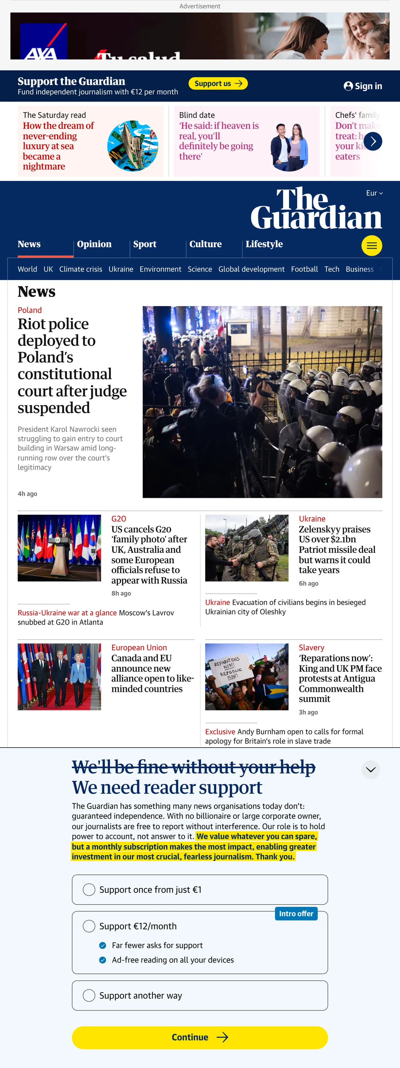 Screenshot of the The Guardian front page