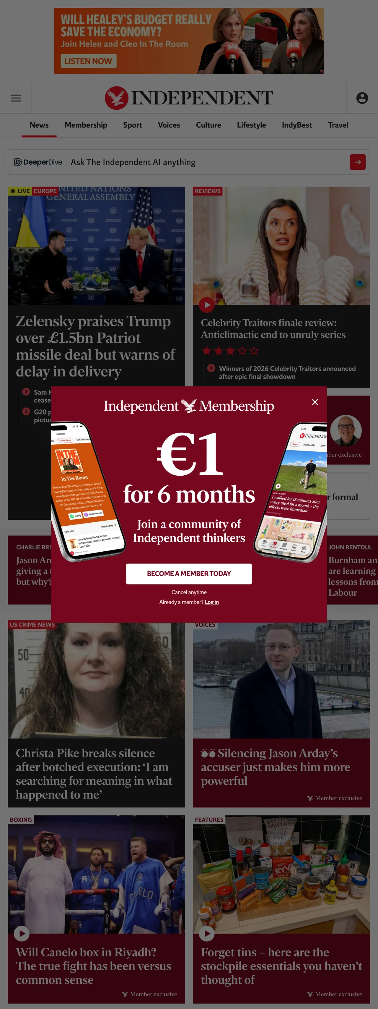 Screenshot of the The Independent front page