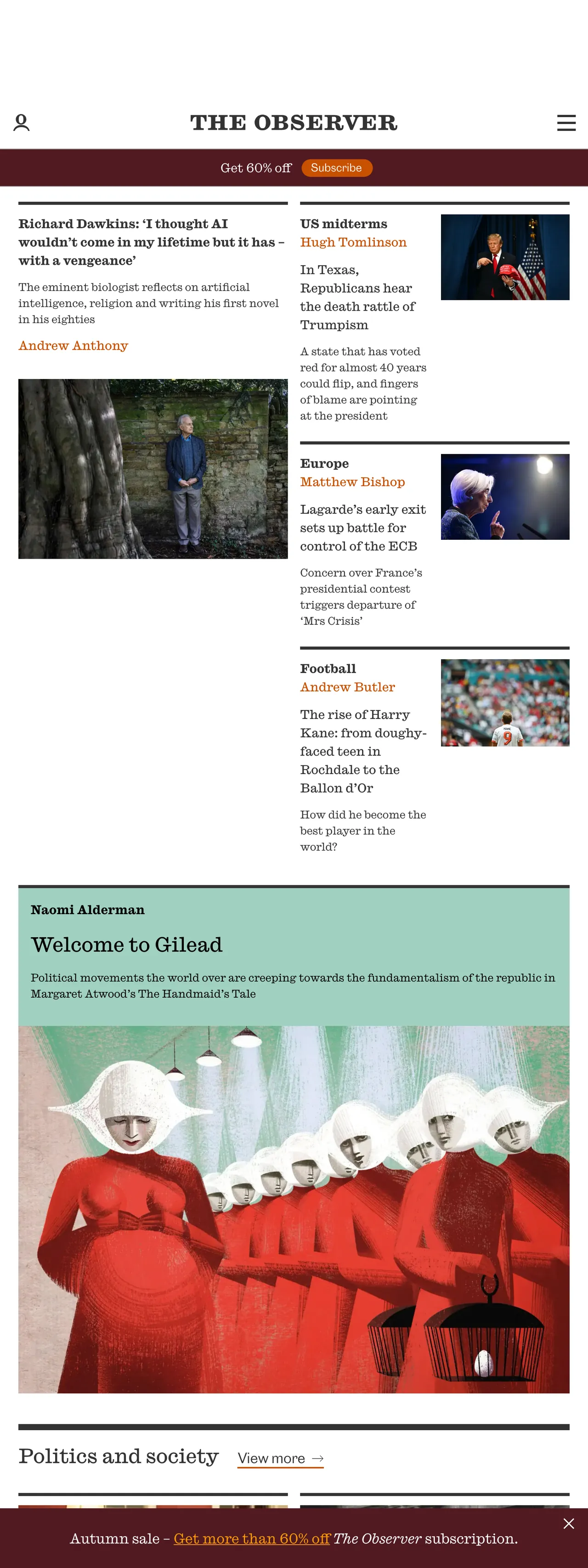 Screenshot of the The Observer front page