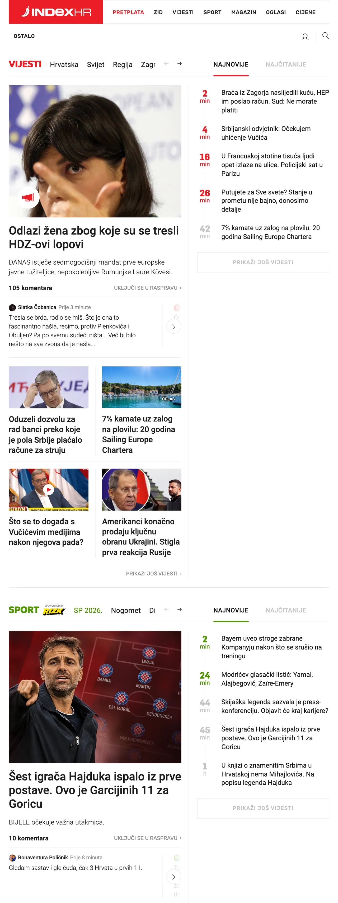 Screenshot of the Index.hr front page
