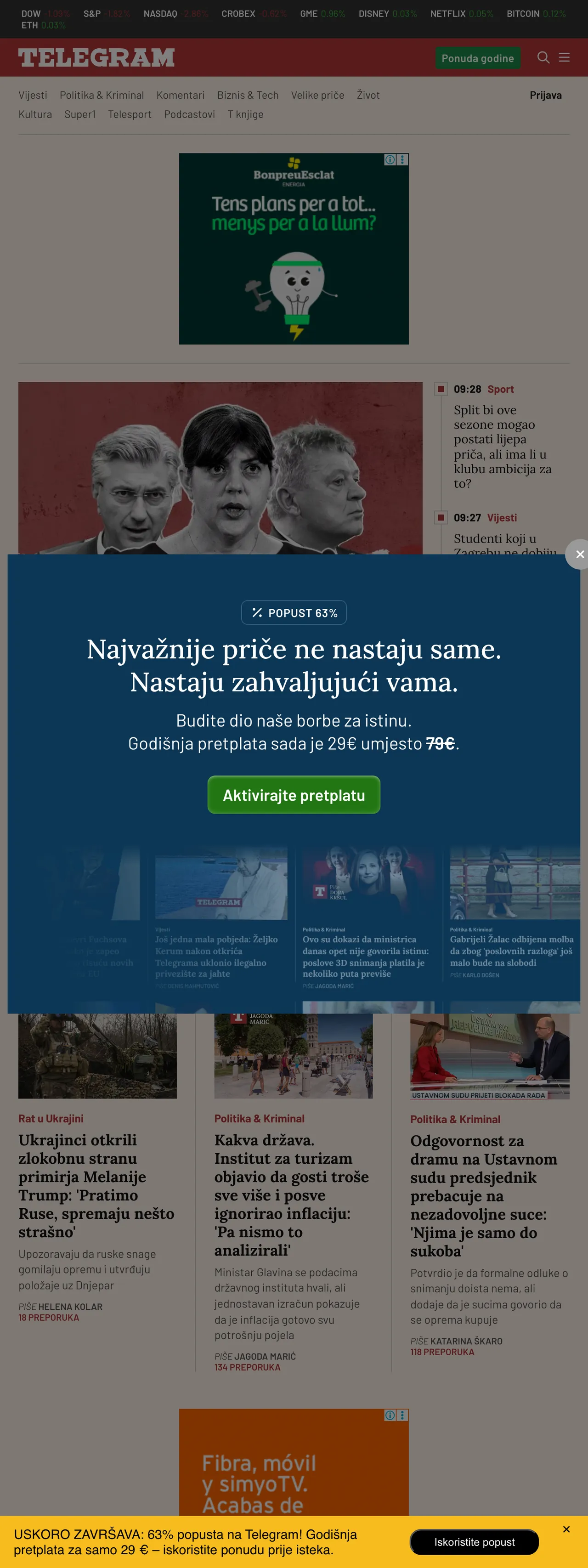 Screenshot of the Telegram.hr front page