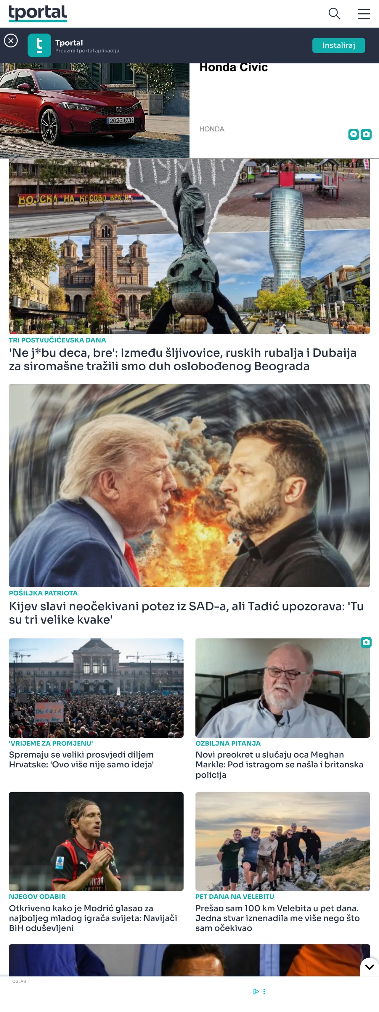 Screenshot of the tportal front page