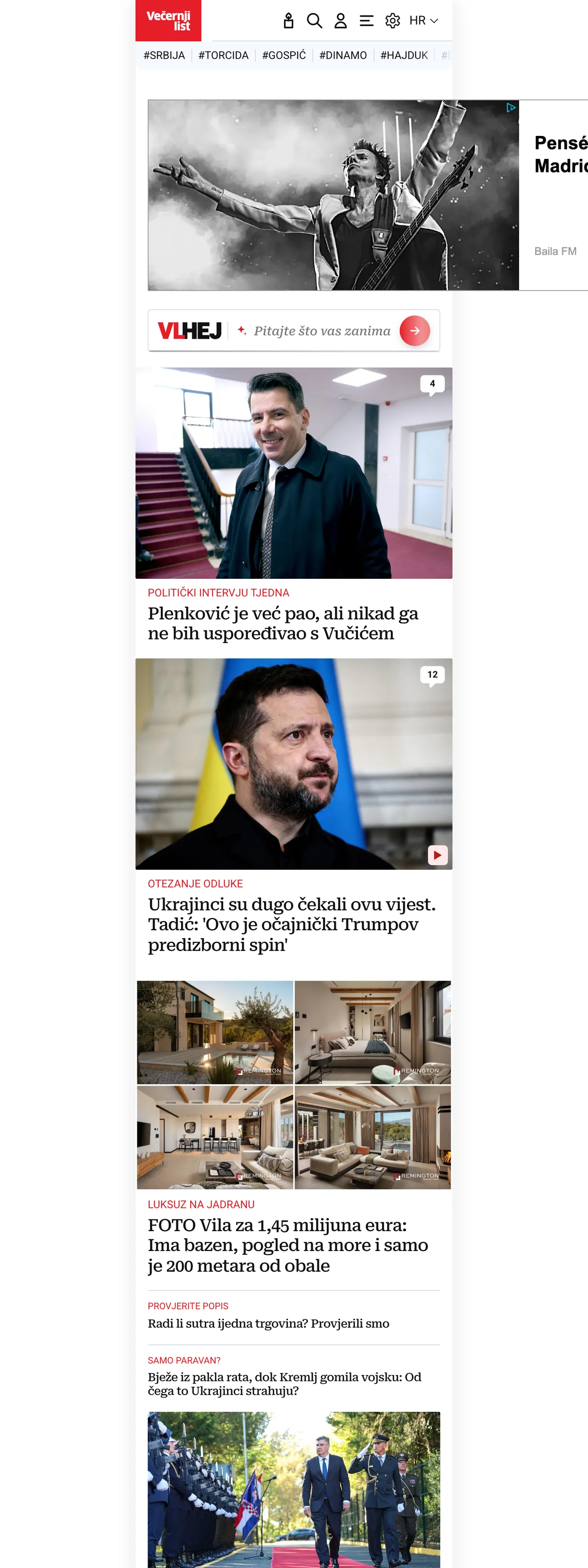 Screenshot of the Večernji list front page