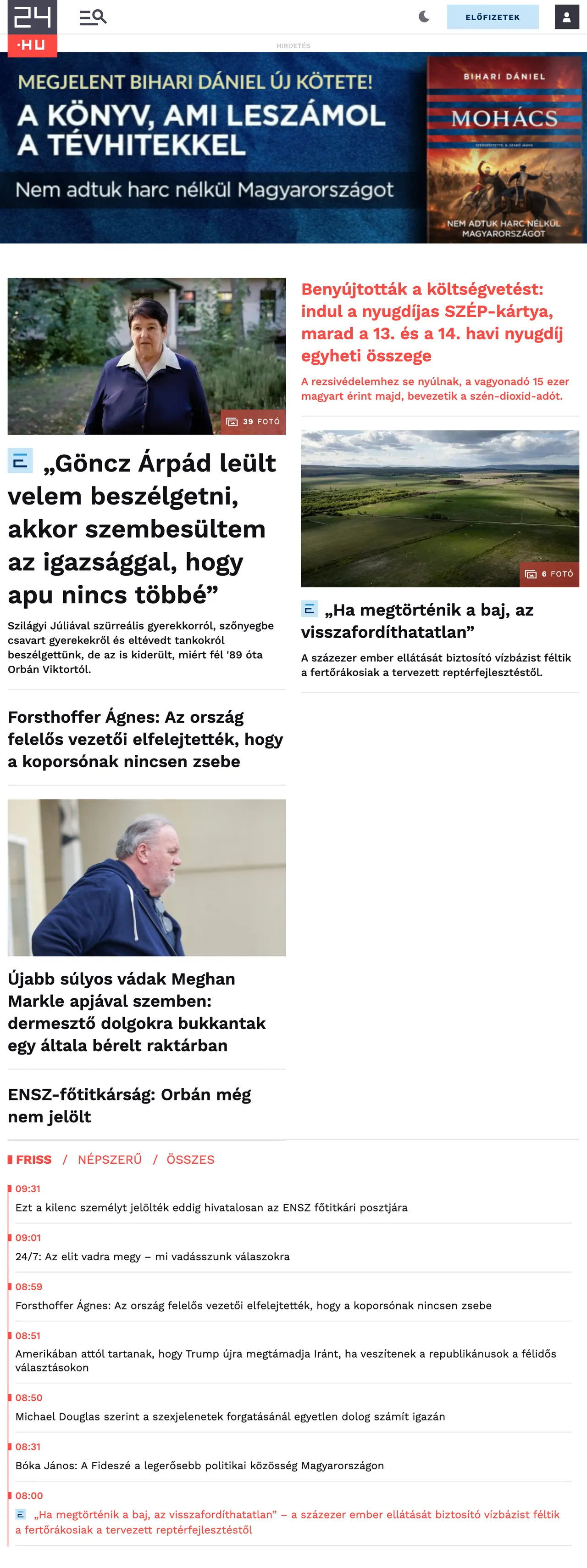 Screenshot of the 24.hu front page