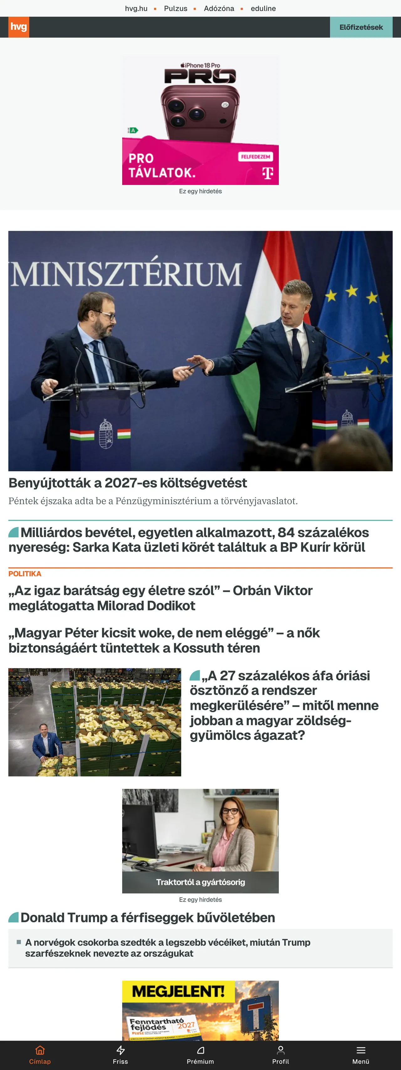 Screenshot of the HVG front page