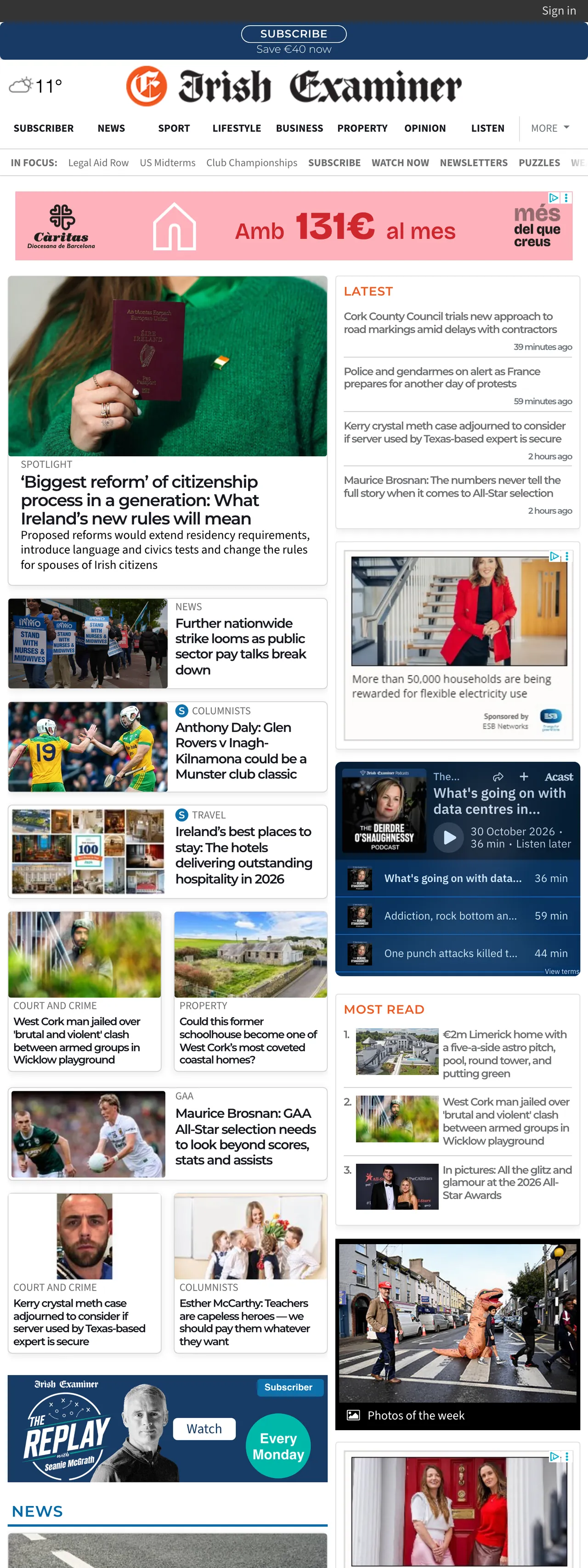 Screenshot of the Irish Examiner front page