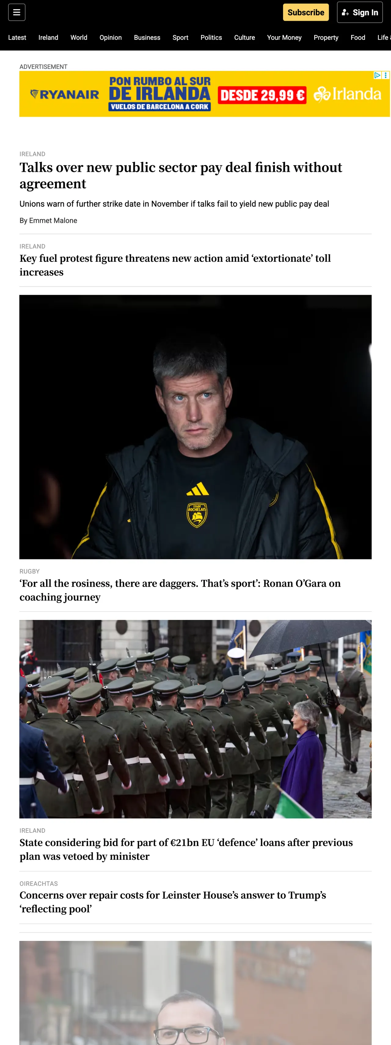 Screenshot of the The Irish Times front page