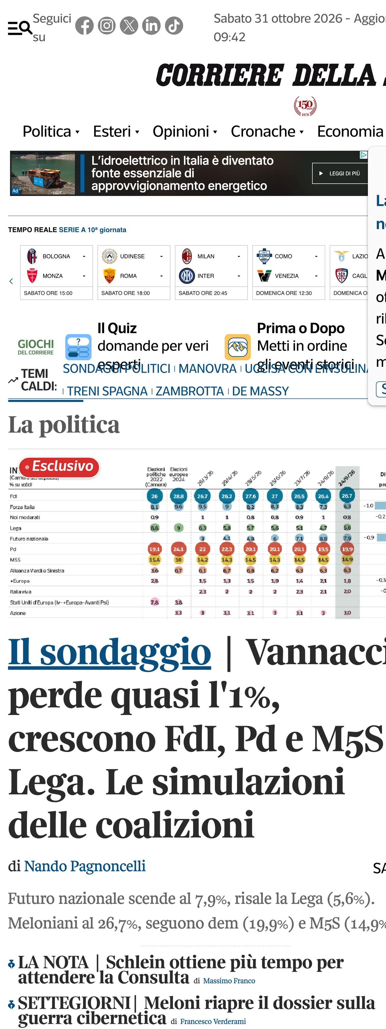 Screenshot of the Corriere della Sera front page