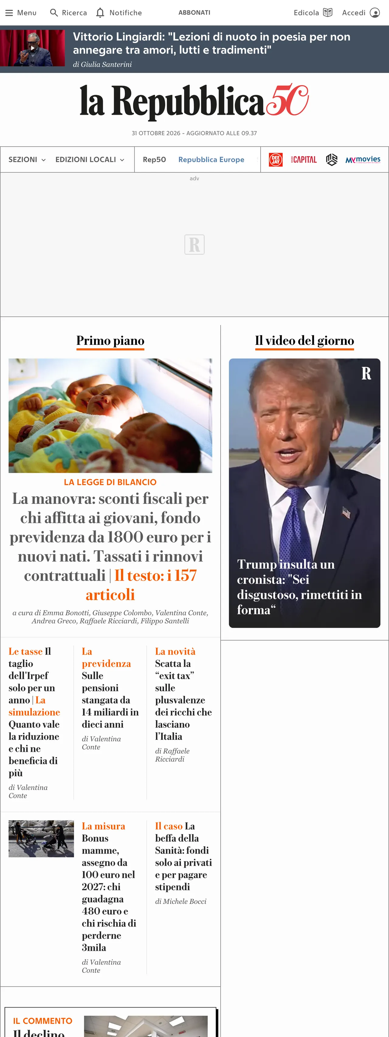 Screenshot of the la Repubblica front page