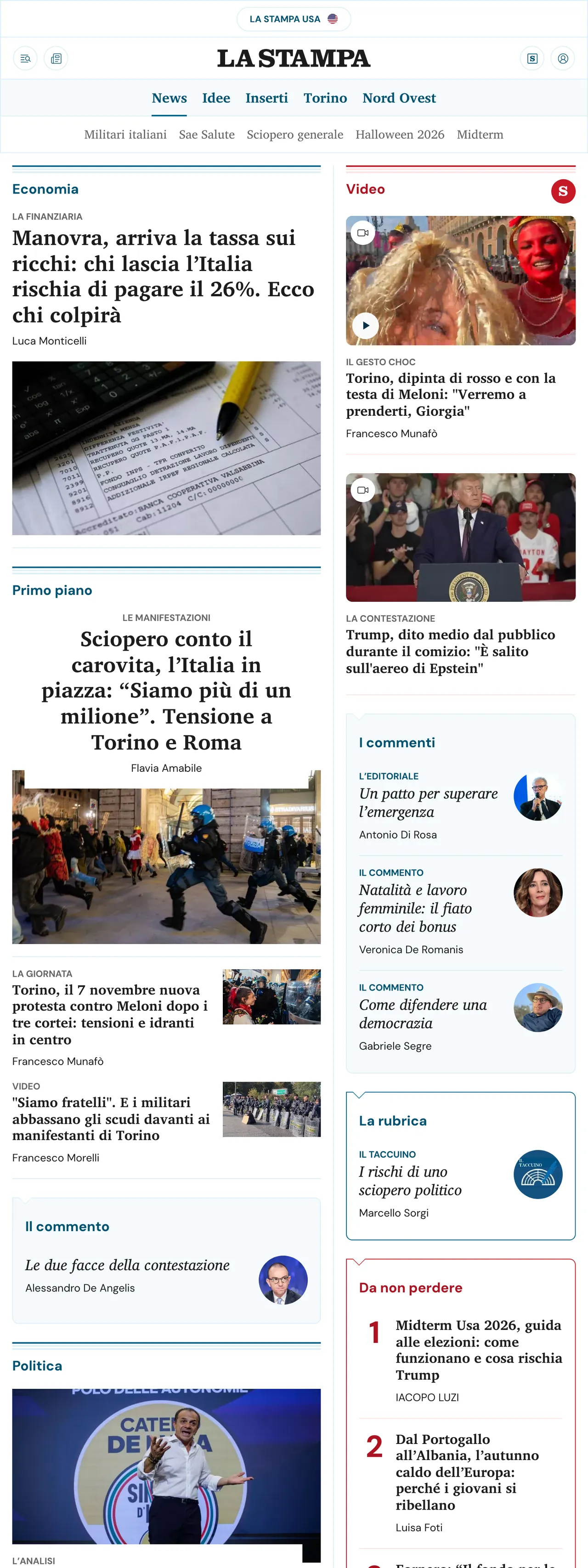 Screenshot of the La Stampa front page